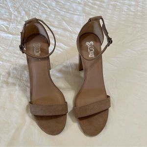 🔥 Brash Tan 4” Faux Suede Ankle Strap Heels Sandals Size 9.5.